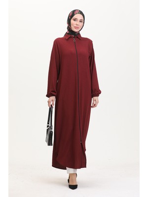 Sefa Merve Yakalı Fermuarlı Ferace 1021-02 Bordo