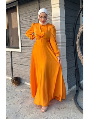 Sefa Merve Önden Bağlamalı Kobe Saten Abiye Elbise 5513-08 Sarı