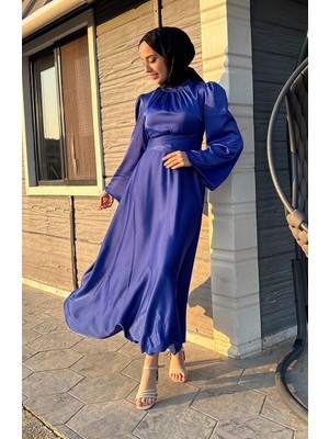 Önü Büzgülü Zara Saten Abiye Elbise 5514-07 Saks