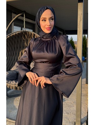 Önü Büzgülü Zara Saten Abiye Elbise 5514-01 Lacivert