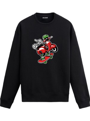 Colermi Unisex Pamuk Vespa Karikatür Kapşonlu Sweatshirt Hoodie Eğlenceli Scooter ve Kaykay Deseni