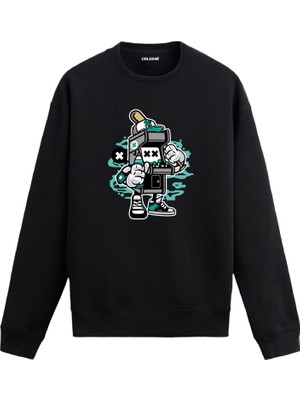 Colermi Unisex Pamuk Retro Oyun Karikatür Kapşonlu Sweatshirt Hoodie Eğlenceli Arcade Macera Deseni