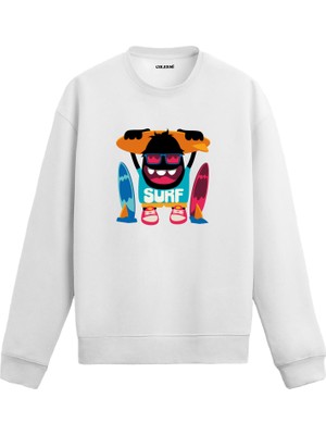 Colermi Unisex Pamuk Surf Karikatür Kapşonlu Sweatshirt Hoodie Eğlenceli Sörf Canavarı Deseni