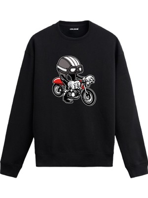 Colermi Motosiklet Karikatür Eğlenceli Motorcu Baskılı Unisex Kapüşonlu Sweatshirt Hoodie