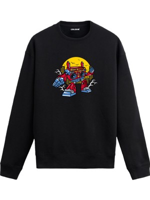 Colermi Unisex Pamuk Boombox Robot Karikatür Kapşonlu Sweatshirt Hoodie Eğlenceli Müzik Deseni