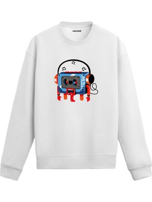 Colermi Unisex Pamuk Retro Müzik Karikatür Kapşonlu Sweatshirt Hoodie Eğlenceli Kaset Çalar Deseni