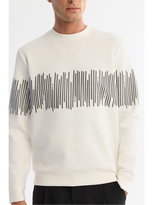 AVVA Erkek Ekru Bisiklet Yaka Pamuklu Çizgili Sweatshirt B001203