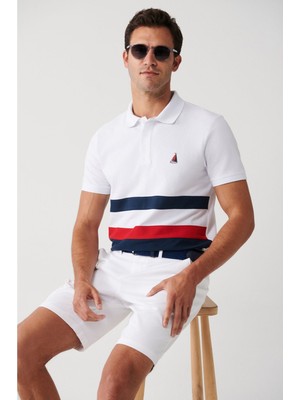 AVVA Erkek Beyaz %100 Pamuk Marine Baskılı Polo Yaka T-Shirt A31Y1187