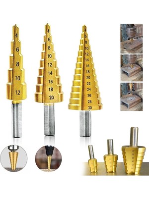 3 Lü Set Matkap Ucu Kademeli Sac Delme Aparatı Hss Titanyum Kaplama (4764)