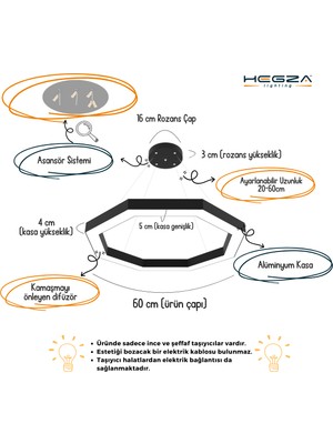 Hegza Lighting Octagon (Siyah Kasa, Doğal Beyaz) Ledli Modern Sarkıt LED Avize