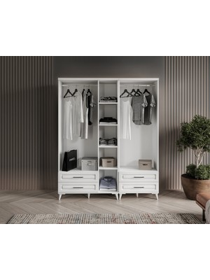 GuneyStore Ücretsiz Montaj - 100% MDF Gözde 5 Kapaklı Beyaz Gardırop - MDF Dolap - Elbise Dolabı