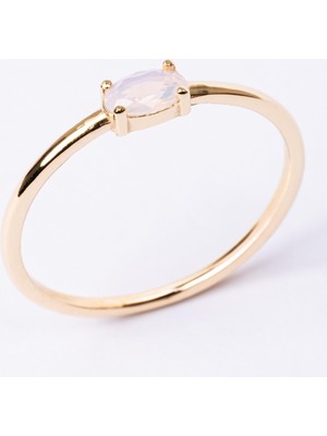 Fasek Gold Gümüş Yüzük - 0.50 Karat Oval Sade Minimal Pembe Kuvars 925 Ayar Tektaş Gümüş Yüzük