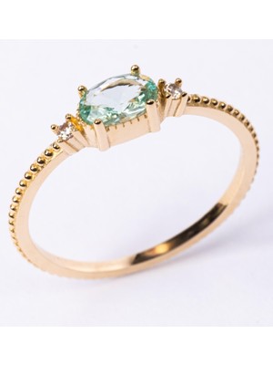 Fasek Gold Gümüş Yüzük - Oval Kesim Green Topaz Taşlı Yan Zirkon Taşlarla Süslenmiş 925 Ayar Gümüş Yüzük