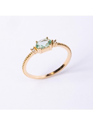 Fasek Gold Gümüş Yüzük - Oval Kesim Green Topaz Taşlı Yan Zirkon Taşlarla Süslenmiş 925 Ayar Gümüş Yüzük