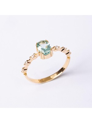 Fasek Gold Gümüş Yüzük - Green Topaz Taşlı Kadın Modern Tasarım 925 Ayar Gümüş Evlilik Teklifi Yüzüğü