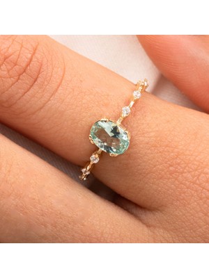 Fasek Gold Gümüş Yüzük - Green Topaz Taşlı Kadın Modern Tasarım 925 Ayar Gümüş Evlilik Teklifi Yüzüğü