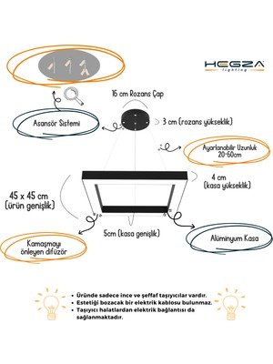 Hegza Lighting Quattro (Siyah Kasa, Doğal Beyaz) Ledli Modern Sarkıt LED Avize