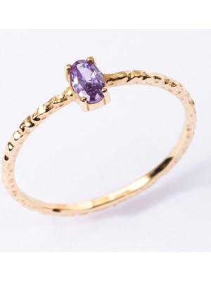 Fasek Gold Tektaş Altın Yüzük - 14 Ayar Altın Dövme Ametist Taşlı Minimal Tek Taş Kadın Yüzük - Eşe, Sevgiliye