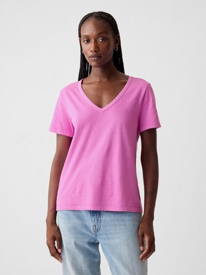 Gap Kadın Pembe Organik Pamuk Vintage V Yaka T-Shirt