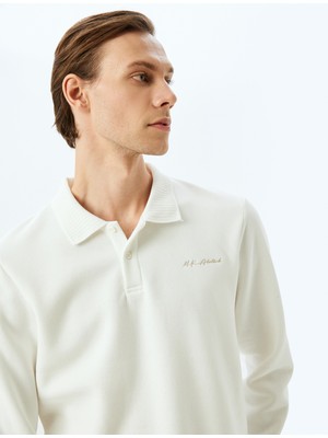 Koton Atatürk Işlemeli Pamuk Karışımlı Interlok Kumaş Basic Polo Yaka Sweatshirt