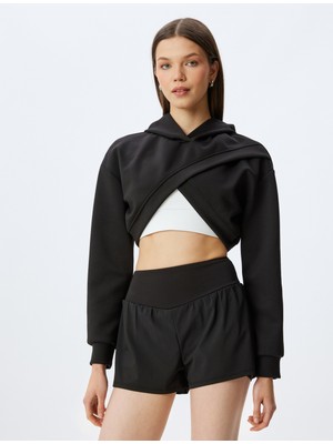 Koton Kapüşonlu Asimetrik Kesim Katlı Crop Rahat Kalıp Sweatshirt Interlok