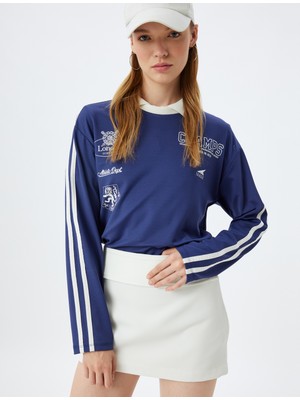 Koton Uzun Kollu Tişört Bisiklet Yaka Baskılı Şerit Detaylı Rahat Kalıp