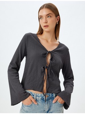 Koton Fiyonklu Önden Bağlamalı Tişört Uzun Kollu Dokulu