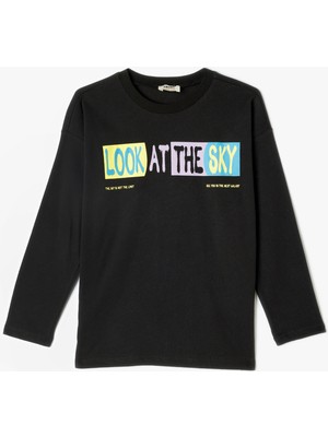 Koton Tişört Slogan Baskılı Uzun Kollu Bisiklet Yaka Pamuklu