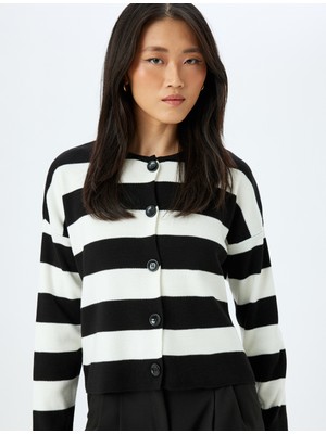 Koton Uzun Kollu Bisiklet Yaka Düğmeli Çizgili Triko Hırka