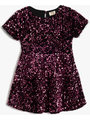 Koton Pullu Payetli Elbise Yuvarlak Yaka Kısa Kollu