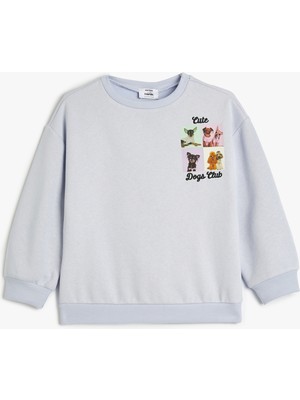 Koton Sweatshirt Köpek Baskılı Bisiklet Yaka Uzun Kollu Şardonlu