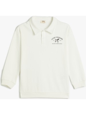 Koton Polo Yaka Sweatshirt Köpek Baskılı Uzun Kollu Pamuklu