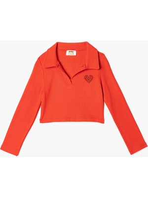 Koton Polo Yaka Tişört Uzun Kollu Pamuklu Kaşkorse Kalp Detaylı