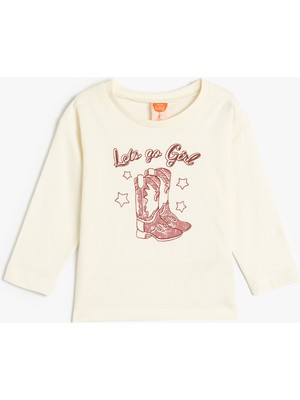 Koton T-Shirt Uzun Kollu Baskı Detaylı Bisiklet Yaka Pamuklu