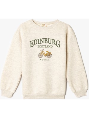 Koton Sweatshirt Bisiklet Baskılı Uzun Kollu Bisiklet Yaka Şardonlu