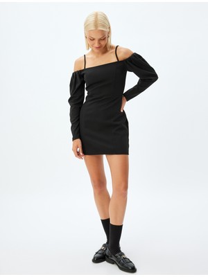 Koton Omuzları Açık Mini Elbise Uzun Kabarık Kol Ince Askı Detaylı Krep Scuba Kumaş