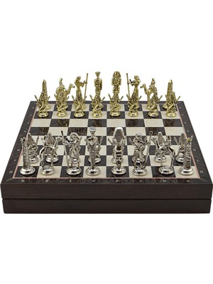 Metal Mısır Satranç Takımı Parlak ve Ceviz Desenli Mdf Sandıklı Satranç Tahtası (36X36X6 Cm.)