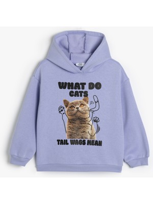 Koton Kapşonlu Sweatshirt Kedi Baskılı Uzun Kollu