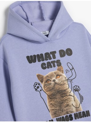 Koton Kapşonlu Sweatshirt Kedi Baskılı Uzun Kollu