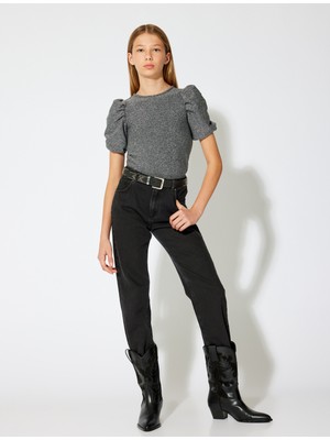 Koton Bluz Kısa Balon Kollu Bisiklet Yaka Viskon Karışımlı