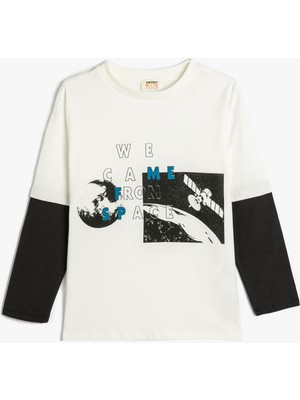 Koton Tişört Uzun Kollu Bisiklet Yaka Uzay Baskılı Pamuklu