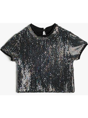 Koton Pullu Payetli Parlak Bluz Kısa Kollu Bisiklet Yaka