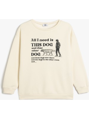 Koton Sweatshirt Köpek Baskılı Bisiklet Yaka Uzun Kollu Şardonlu