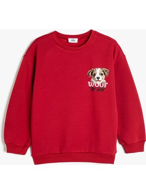 Koton Sweatshirt Köpek Baskılı Bisiklet Yaka Uzun Kollu Şardonlu