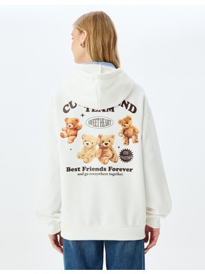 Koton Kapüşonlu Cep Detaylı Kedi Baskılı Rahat Kalıp Şardonlu Sweatshirt