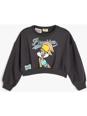 Koton Lola Bunny Lisanslı Kız Çocuk Sweatshirt Siyah Uzun Kollu Crop Tasarım Şardonlu