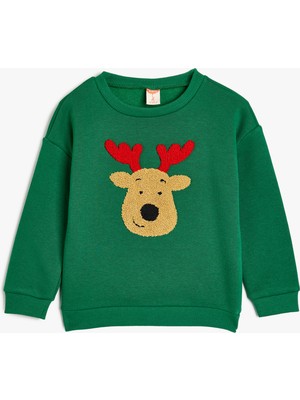 Koton Sweatshirt Geyik Aplike Detaylı Uzun Kollu Bisiklet Yaka Şardonlu