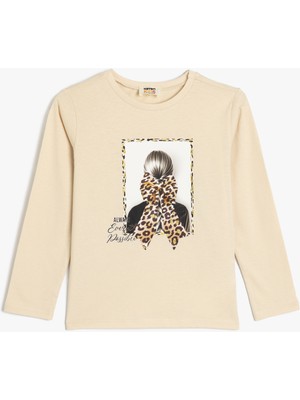 Koton Uzun Kollu Tişört Baskı Detaylı Bisiklet Yaka Pamuklu