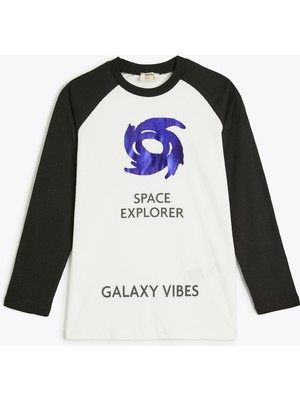 Koton Tişört Baskı Detaylı Uzun Kollu Bisiklet Yaka Pamuklu