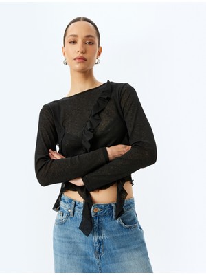 Koton Uzun Kollu Bisiklet Yaka Yarı Transparan Asimetrik Fırfırlı Tişört